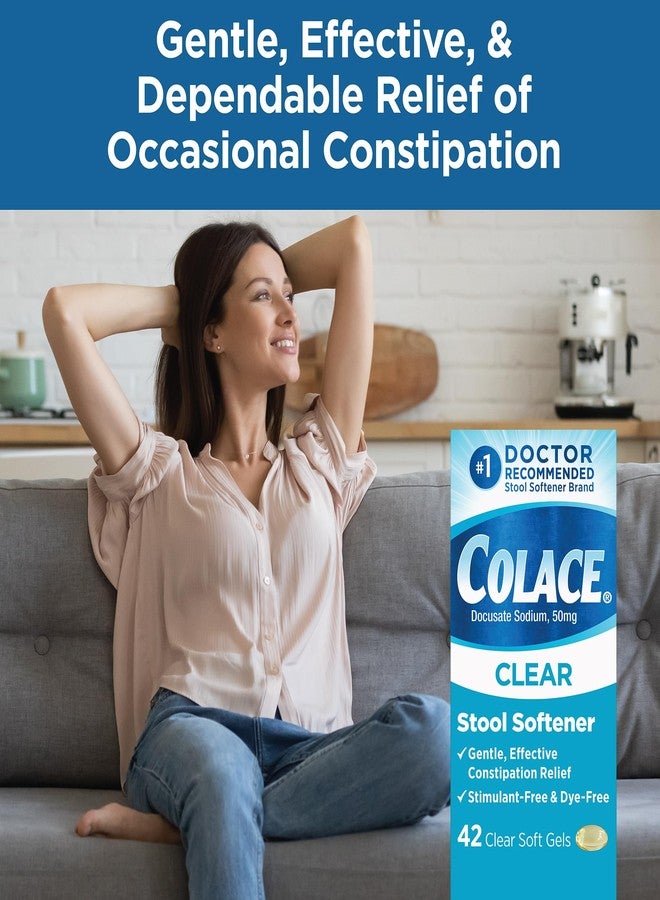 Colace Clear Stool Softener for Gentle Effective Constipation Relief, #1 Doctor Recommended Stool Softener Brand, Dye Free, 50 mg Docusate Capsules, 42 Count - Image 3